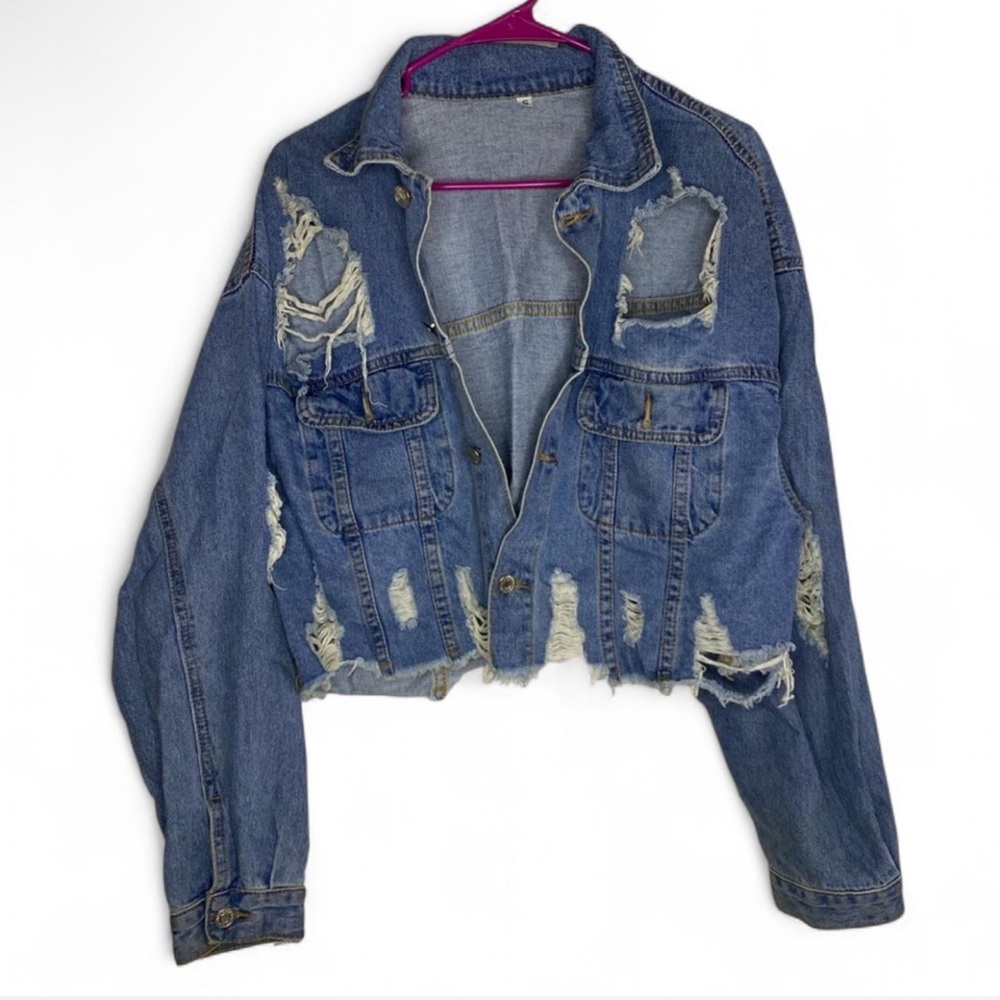 Distressed Denim Jean Jacket With Rips